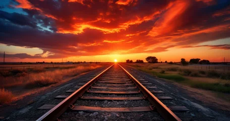 Foto op Canvas Long stretch of railroad tracks, leading into a dramatic sunset with clouds painting the sky © PRI