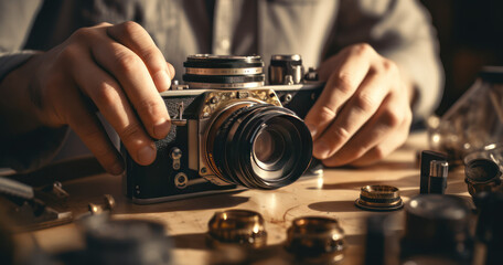 Hands adjusting the focus ring on a vintage camera - obrazy, fototapety, plakaty