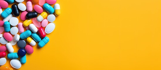 Vibrant pills and brain with space for text Illustrating mental illness brain disease and mental health