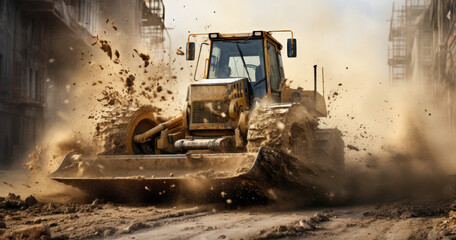 Bulldozer in action at a construction site, moving dirt and debris