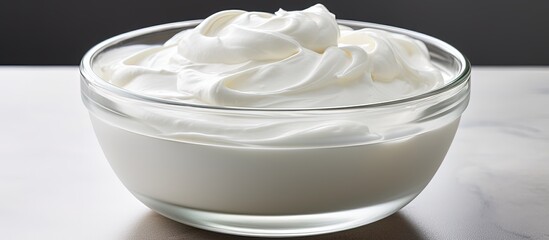 Whipped egg whites cream in glass bowl on white kitchen table