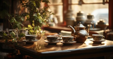 Inside a cozy tea house, where tea is being poured into delicate porcelain cups