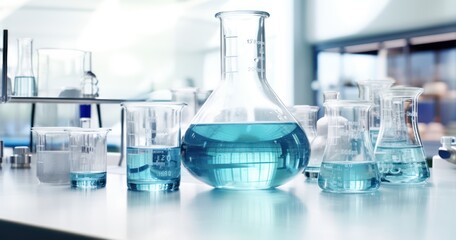 Laboratory bench with glassware, chemicals, and scientific instruments - obrazy, fototapety, plakaty