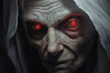 old witch's face with red eyes, horror, generative ai 