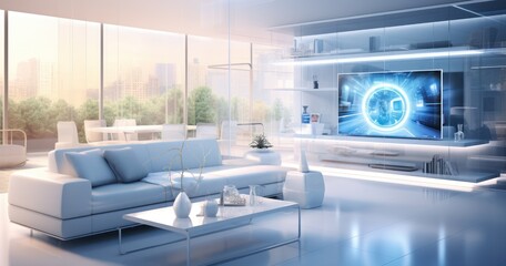 Modern living room showcasing various smart home devices - obrazy, fototapety, plakaty