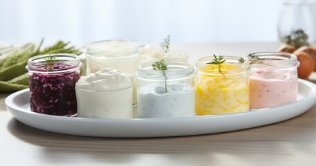 Selection of probiotic-rich foods like yogurt, kefir, and sauerkraut - obrazy, fototapety, plakaty