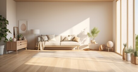 Minimalist home interior, with plenty of natural light and earthy tones