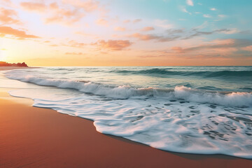 panoramic view of a serene beach at sunrise, with waves gently lapping the shore, generative ai 