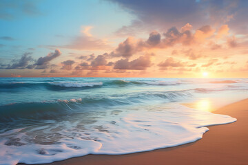 Fototapeta na wymiar panoramic view of a serene beach at sunrise, with waves gently lapping the shore, generative ai 