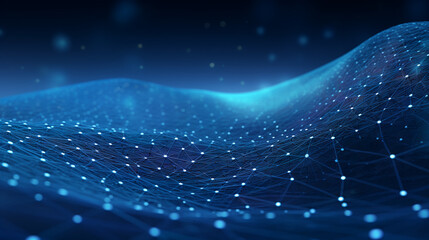 Smooth mesh and waves - abstract blue geometric digital technology background.  Concept for neural network, big data, communication, data stream, cyber data flow,  AI, cloud computing. Generative AI