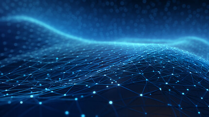 Smooth mesh and waves - abstract blue geometric digital technology background.  Concept for neural network, big data, communication, data stream, cyber data flow,  AI, cloud computing. Generative AI