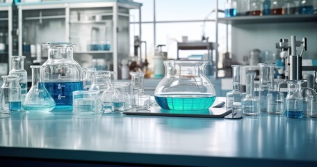 Naklejka premium Laboratory bench with glassware, chemicals, and scientific instruments