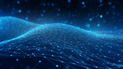 Smooth mesh and waves - abstract blue geometric digital technology background.  Concept for neural network, big data, communication, data stream, cyber data flow,  AI, cloud computing. Generative AI