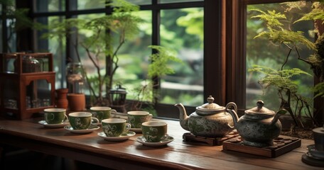 Obraz na płótnie Canvas Inside a cozy tea house, where tea is being poured into delicate porcelain cups