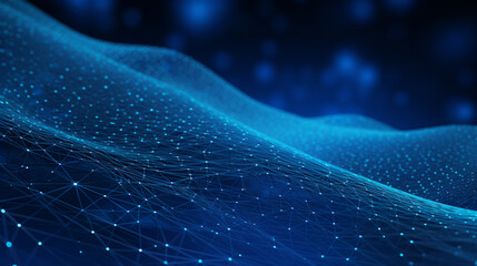 Smooth mesh and waves - abstract blue geometric digital technology background.  Concept for neural network, big data, communication, data stream, cyber data flow,  AI, cloud computing. Generative AI