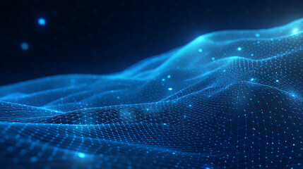 Smooth mesh and waves - abstract blue geometric digital technology background.  Concept for neural network, big data, communication, data stream, cyber data flow,  AI, cloud computing. Generative AI
