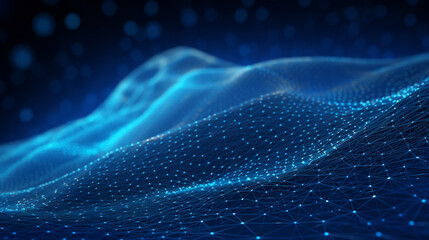 Smooth mesh and waves - abstract blue geometric digital technology background.  Concept for neural network, big data, communication, data stream, cyber data flow,  AI, cloud computing. Generative AI