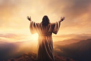 Rear view of Jesus Christ raised hands and praying to god with a sunrise sky background, generative ai 