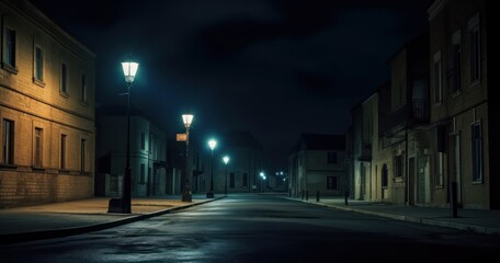 Fototapeta na wymiar Desolate street at night illuminated only by a lone streetlamp