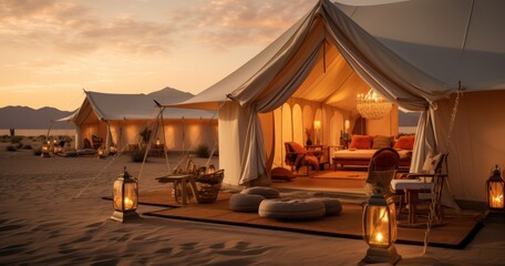 Luxury tents set against a scenic backdrop, offering a blend of comfort and nature - obrazy, fototapety, plakaty