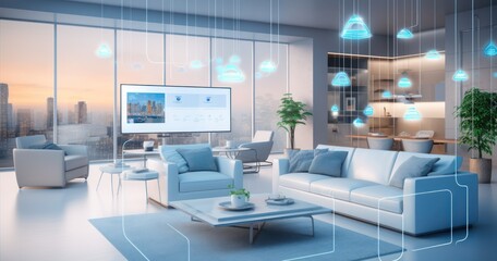 Modern living room showcasing various smart home devices - obrazy, fototapety, plakaty