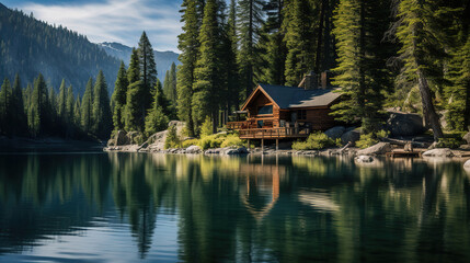 serene lakeside cabin surrounded by tall pine trees and the reflection of the mountains on the water's surface, generative ai 