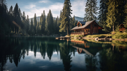 Fototapeta na wymiar serene lakeside cabin surrounded by tall pine trees and the reflection of the mountains on the water's surface, generative ai 
