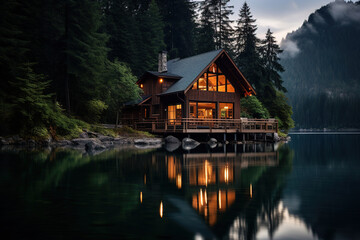 Fototapeta premium serene lakeside cabin surrounded by tall pine trees and the reflection of the mountains on the water's surface, generative ai 