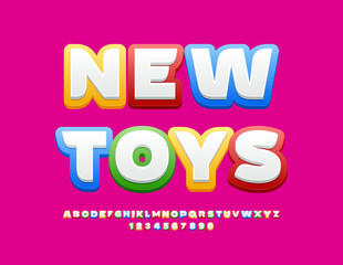 Vector colorful template New Toys.  Bright Font for Children Logo, Marketing, Advertising. Artistic Alphabet Letters, Numbers and Symbols set