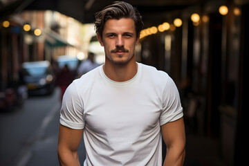 City Street Cool Male Model Rocking a Classic White Cotton T-Shirt