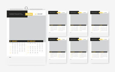 2024 Wall calendar design template, six-page 2024 modern print ready calendar layout design