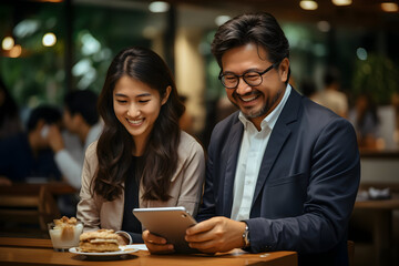 Asian Woman and Latin Man Using Digital Tablet, Analyzing Financial Market Data, Engaged in Discussion at a Corporate Office Meeting