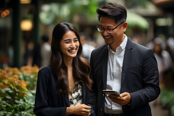 Asian Woman and Latin Man Using Digital Tablet, Analyzing Financial Market Data, Engaged in Discussion at a Corporate Office Meeting