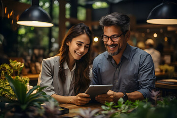 Asian Woman and Latin Man Using Digital Tablet, Analyzing Financial Market Data, Engaged in Discussion at a Corporate Office Meeting