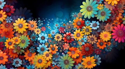 Colorful background of drawn bright flowers.