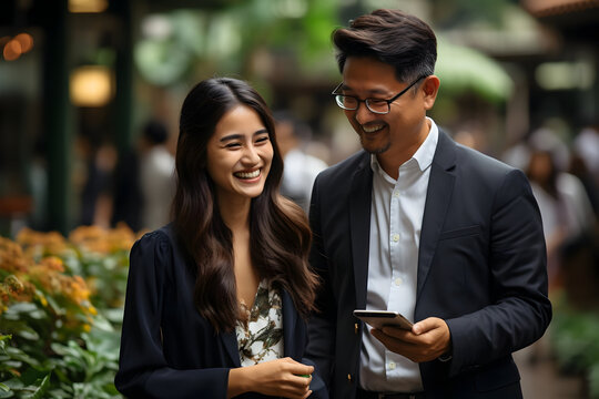 Asian Woman and Latin Man Using Digital Tablet, Analyzing Financial Market Data, Engaged in Discussion at a Corporate Office Meeting