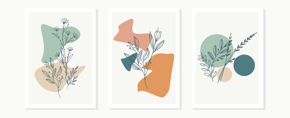 Botanical wall art vector set. Minimal and natural wall art. Foliage line art drawing with abstract shape. Abstract Plant Art design for print, cover, wallpaper, Vector illustration.