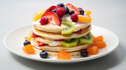 Obraz na płótnie Canvas a pancakes with fresh fruit topping, isolated on solid white background. generative AI