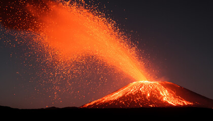 Burning lava and smoke from a volcano, a volcanic eruption at night.