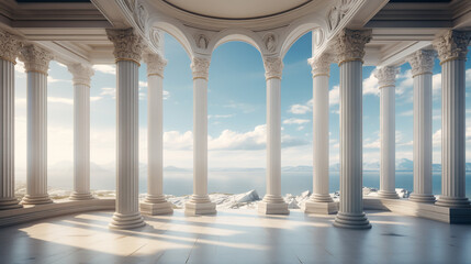 A room with columns and a large window.ai generative - obrazy, fototapety, plakaty