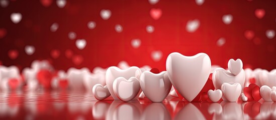 Red background with white teeth and hearts Dental Valentine card Valentine s day idea - obrazy, fototapety, plakaty