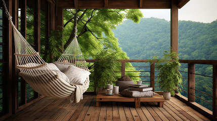 Interior of a cozy balcony with a hammock and a view of the mountain landscape