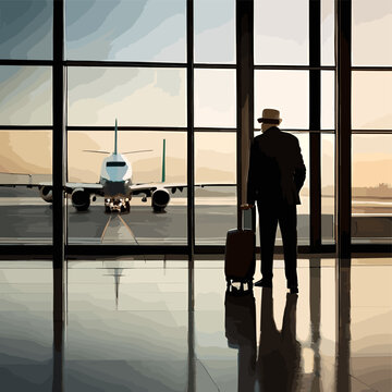 A person at the airport, an Old man at the airport, old age traveller vector illustration