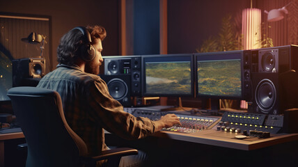 recording studio man at the console in front of a large monitor in headphones.