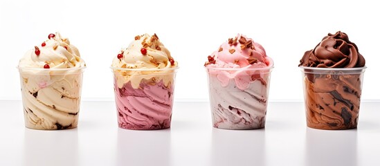 Soft serve ice cream swirls in plastic cups on a white background Frozen yogurt with vanilla...