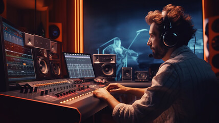 recording studio man at the console in front of a large monitor in headphones.