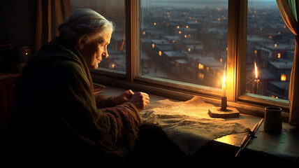 an old woman at the window on the table a candle burns through the window.