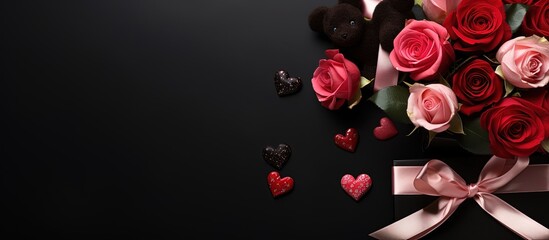 Valentine s Day celebration with sushi chopsticks gifts and decor on a black background