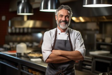 A chef dressed in crisp white clothing stands confidently in the bustling kitchen of a busy restaurant, surrounded by sizzling food and vibrant walls, fully immersed in the art of cooking