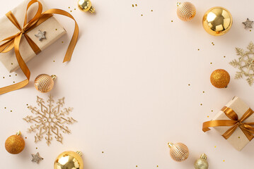 Cheers to bright New Year! Top view photo beautifully presented gift boxes tied with bows, fashionable tree decor, snowflakes on soft pastel backdrop, offering blank canvas for your personal message - Powered by Adobe